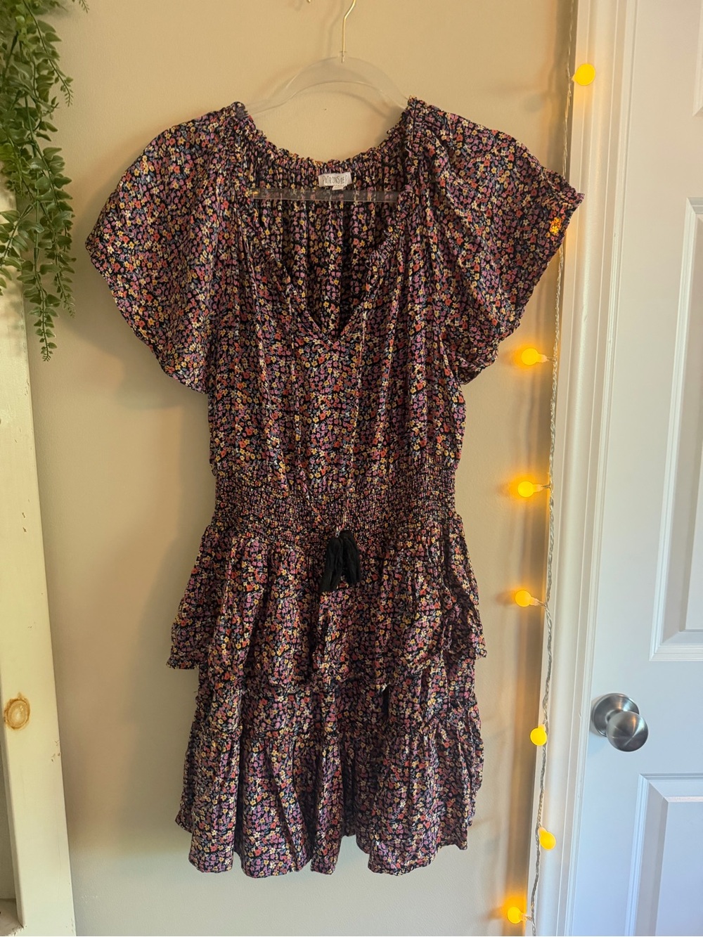 Patrons of Peace Purple Floral Tiered Dress with Tassel Tie